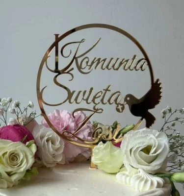 Topper na tort "Pierwsza Komunia Święta + imię w obręczy